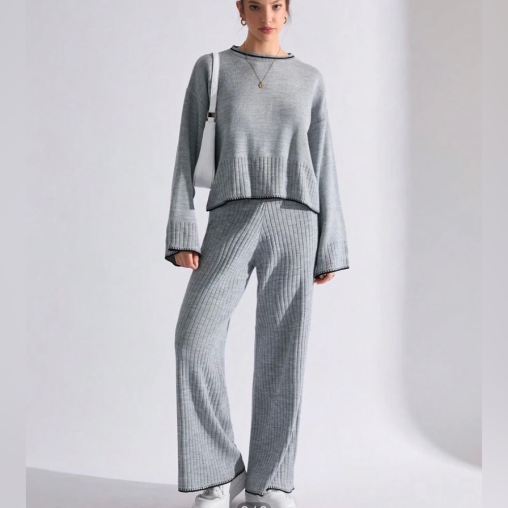 🆕 Boutique 2pc Gray Ribbed Knit Sweater Women's Top Pants Set